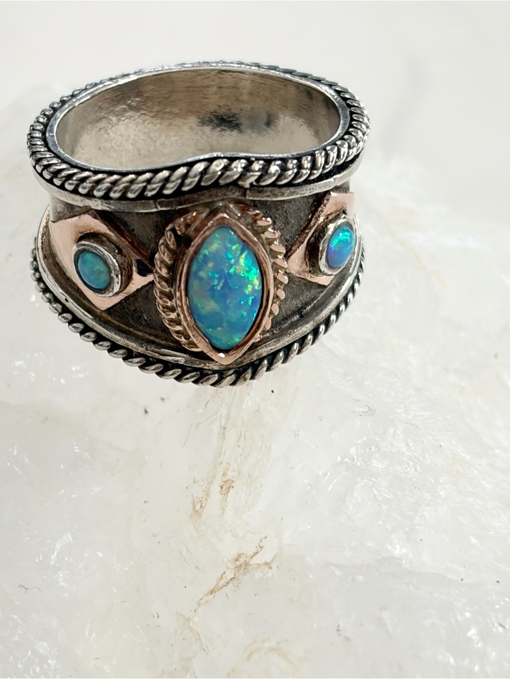 Opal Accent Silver Ring with Blue-Green Opal Inlay 14 K gold spinner accents